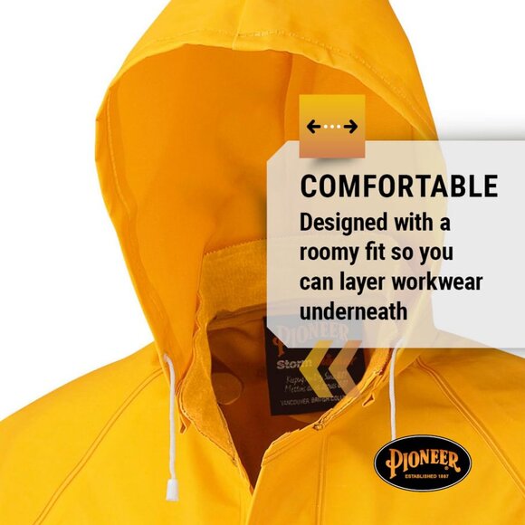 Pioneer Mens Yellow FR Resistant PVC Waterproof Long Rain Gear Jacket for Work - Picture 5 of 6
